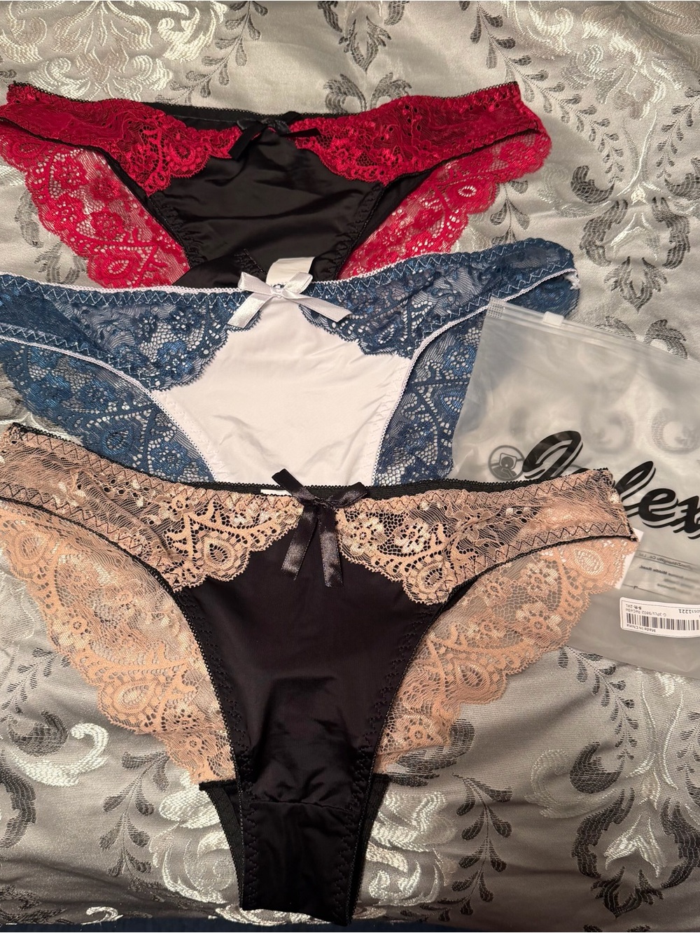 3-Pack Lace Trim Bikini Panties - Black, Red, Blue, Nude